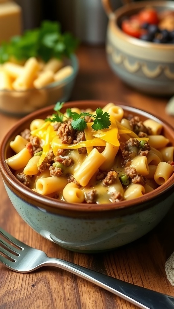 A bowl of Three Cheese Hamburger Helper with creamy pasta and ground beef, garnished with parsley on a wooden table.